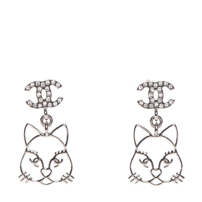 Chanel Crystal Emoji Choupette Cat CC Earrings Silver 1 of 4