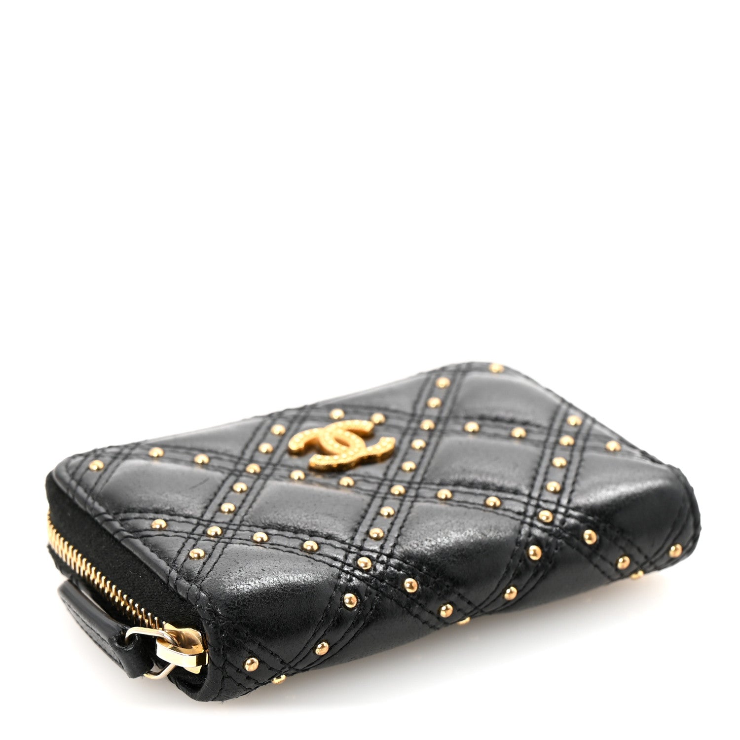 Chanel Lambskin Studded Quilted Compact Zip Around Wallet Black 4 of 7