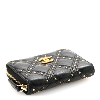 Chanel Lambskin Studded Quilted Compact Zip Around Wallet Black 4 of 7