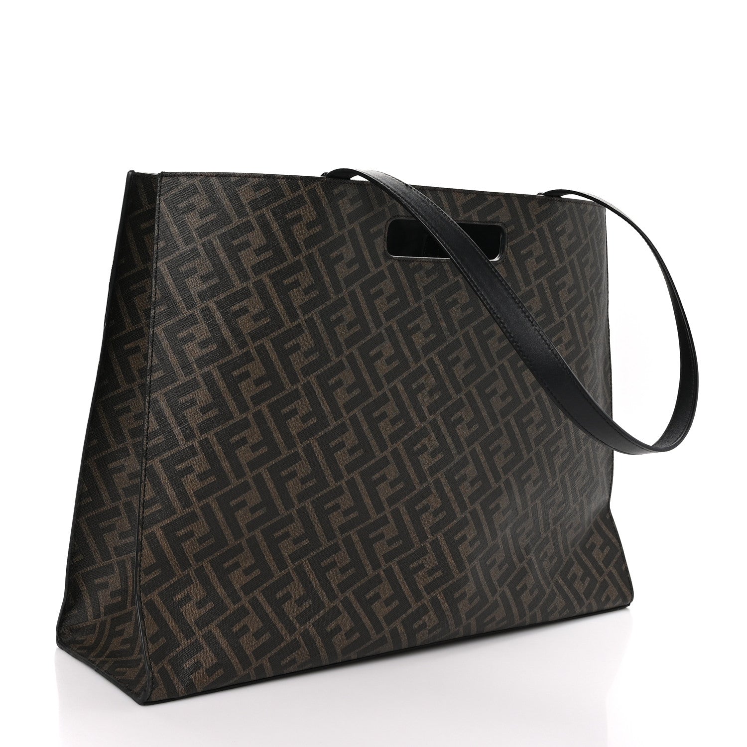 Fendi Glazed Fabric Vitello Liberty FF 1974 Diagonal East West Shopper Tote Tobacco Moresco Black 3 of 10