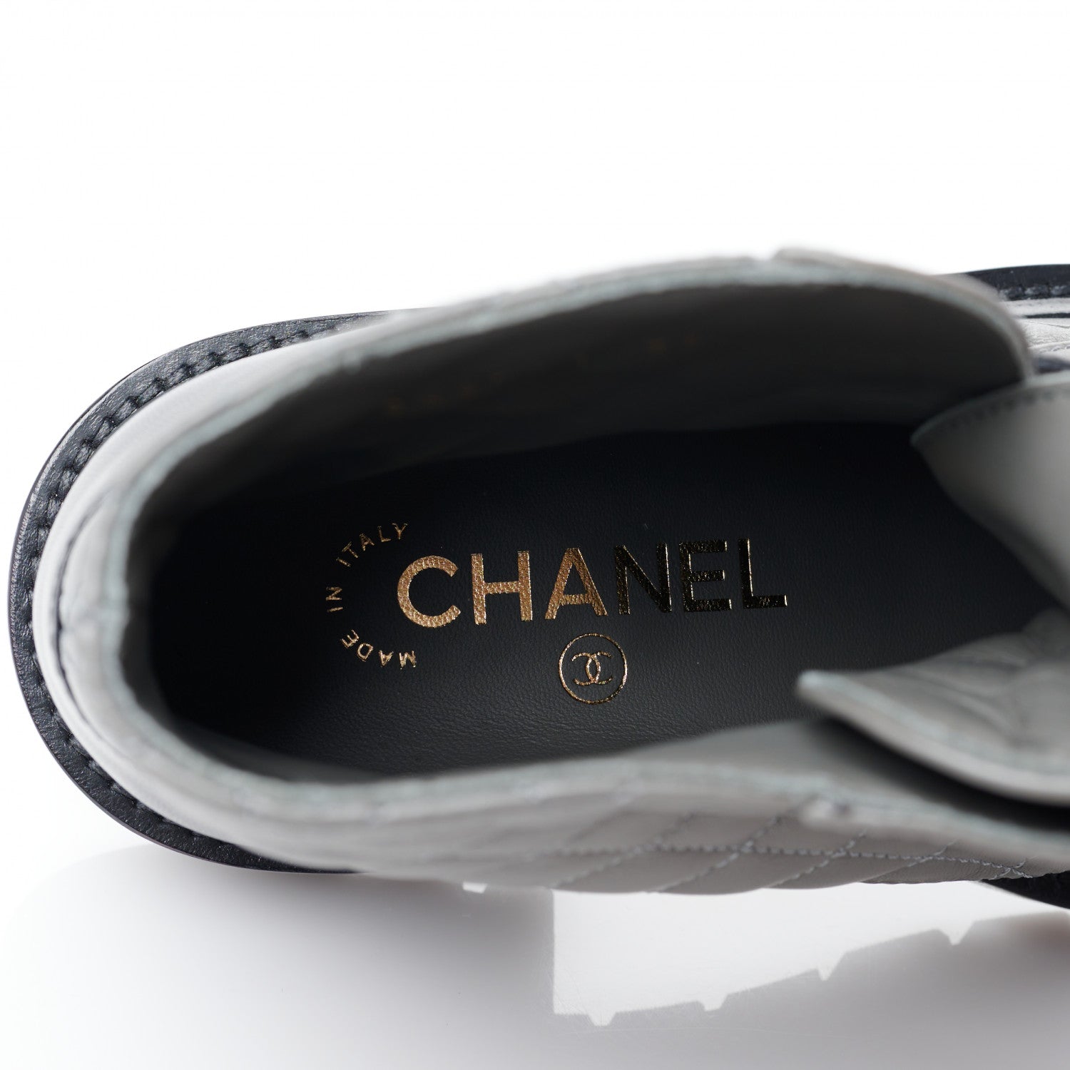 Chanel Shiny Lambskin Quilted Lace Up Combat Boots 35 Grey Black 7 of 10