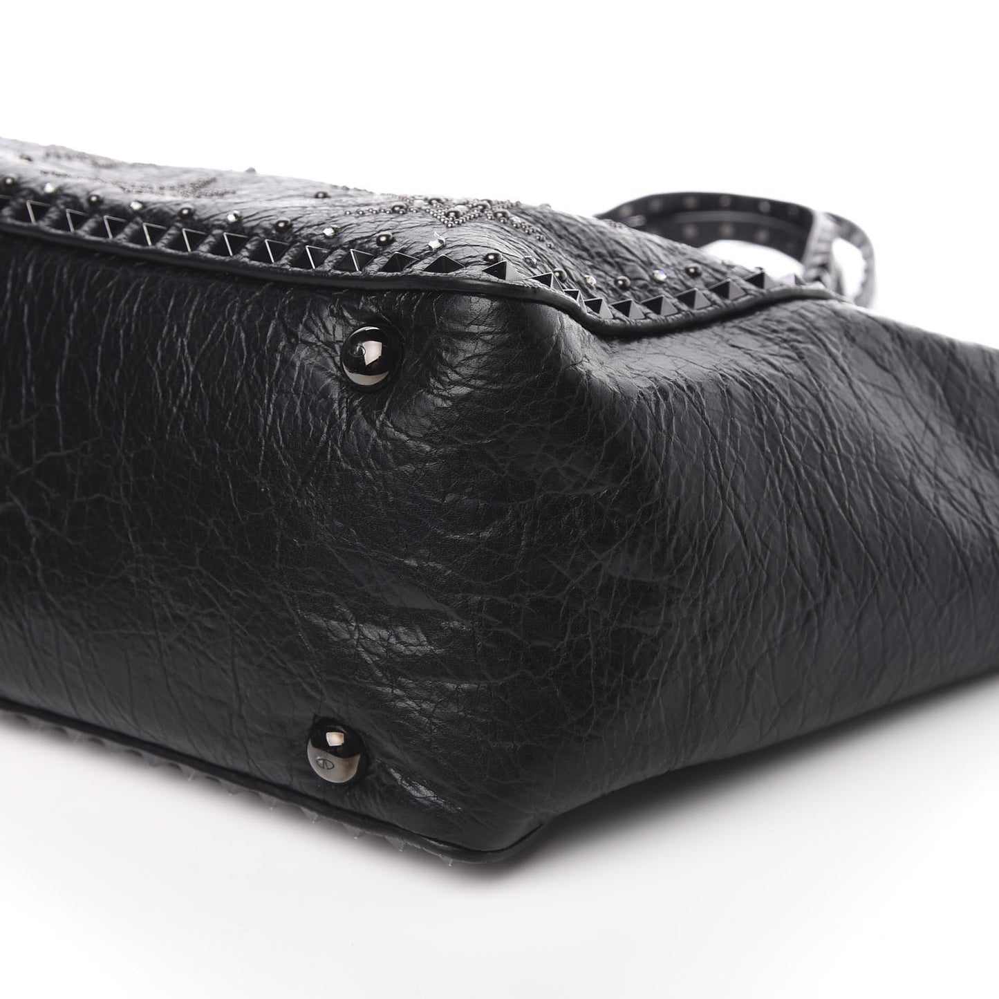 Craquele Calfskin Star Studded Medium Rockstud Tote Black