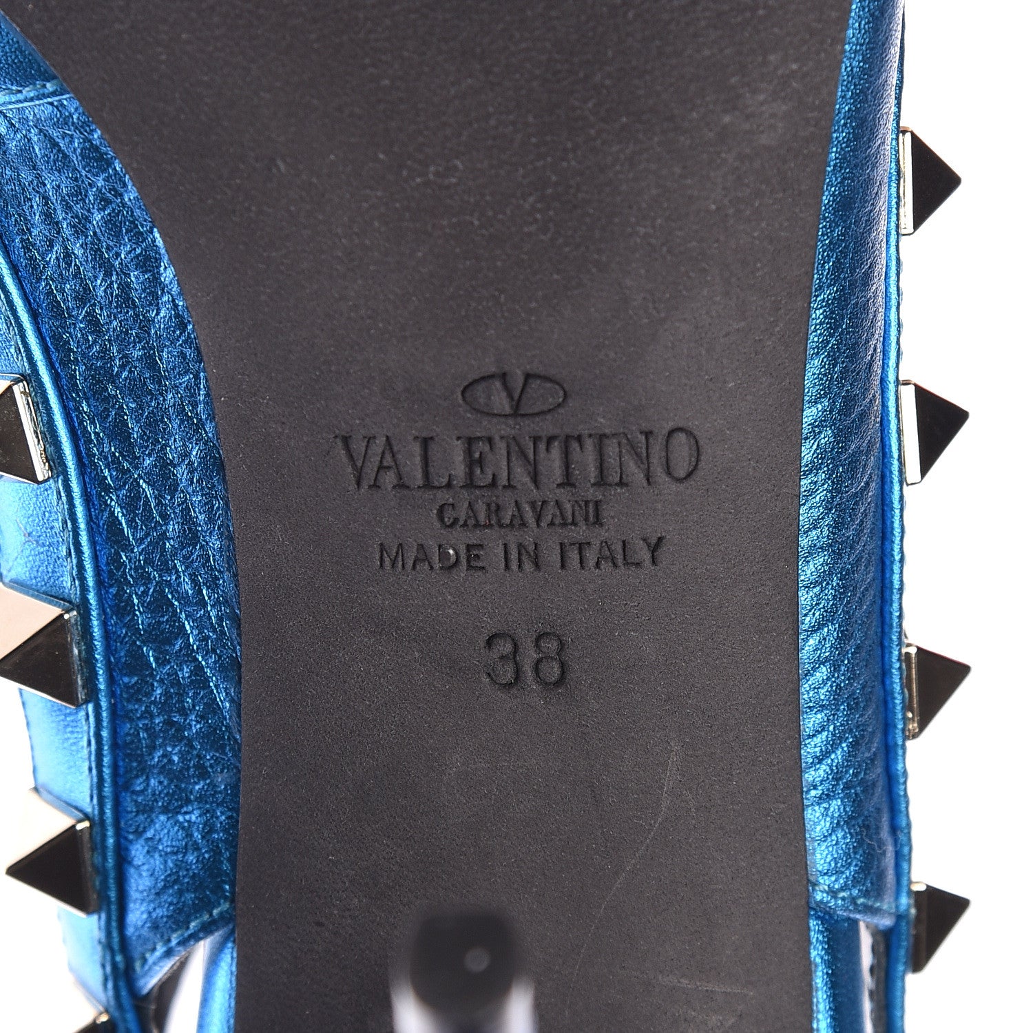 Valentino Garavani Metallic Pebbled Calfskin Rockstud Ankle Strap Pumps 38 Light Blue 7 of 10