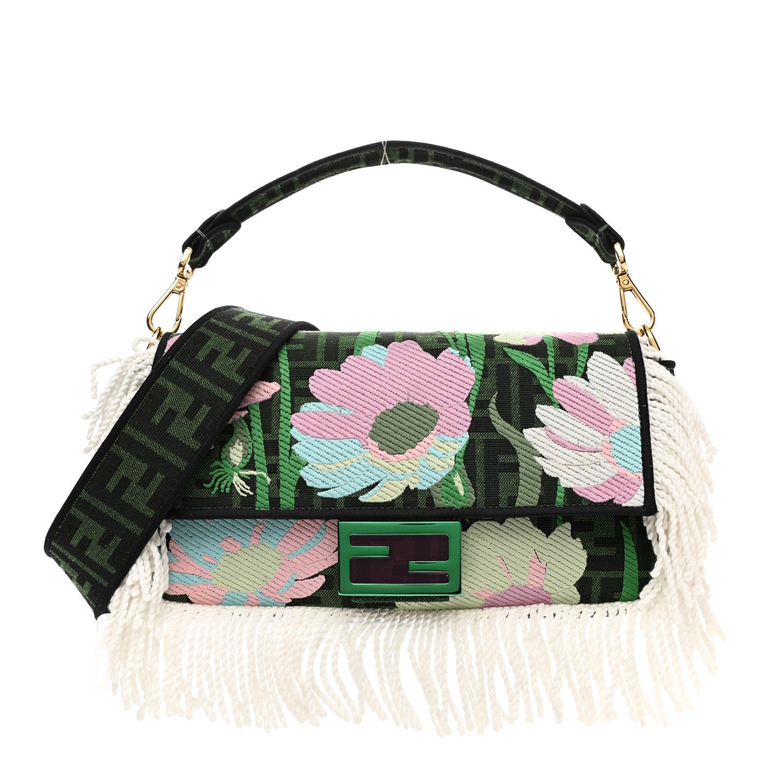 Fendi Fabric Jacquard FF 1974 Fringe Floral Embroidered Baguette Verde Multcolor 1 of 10
