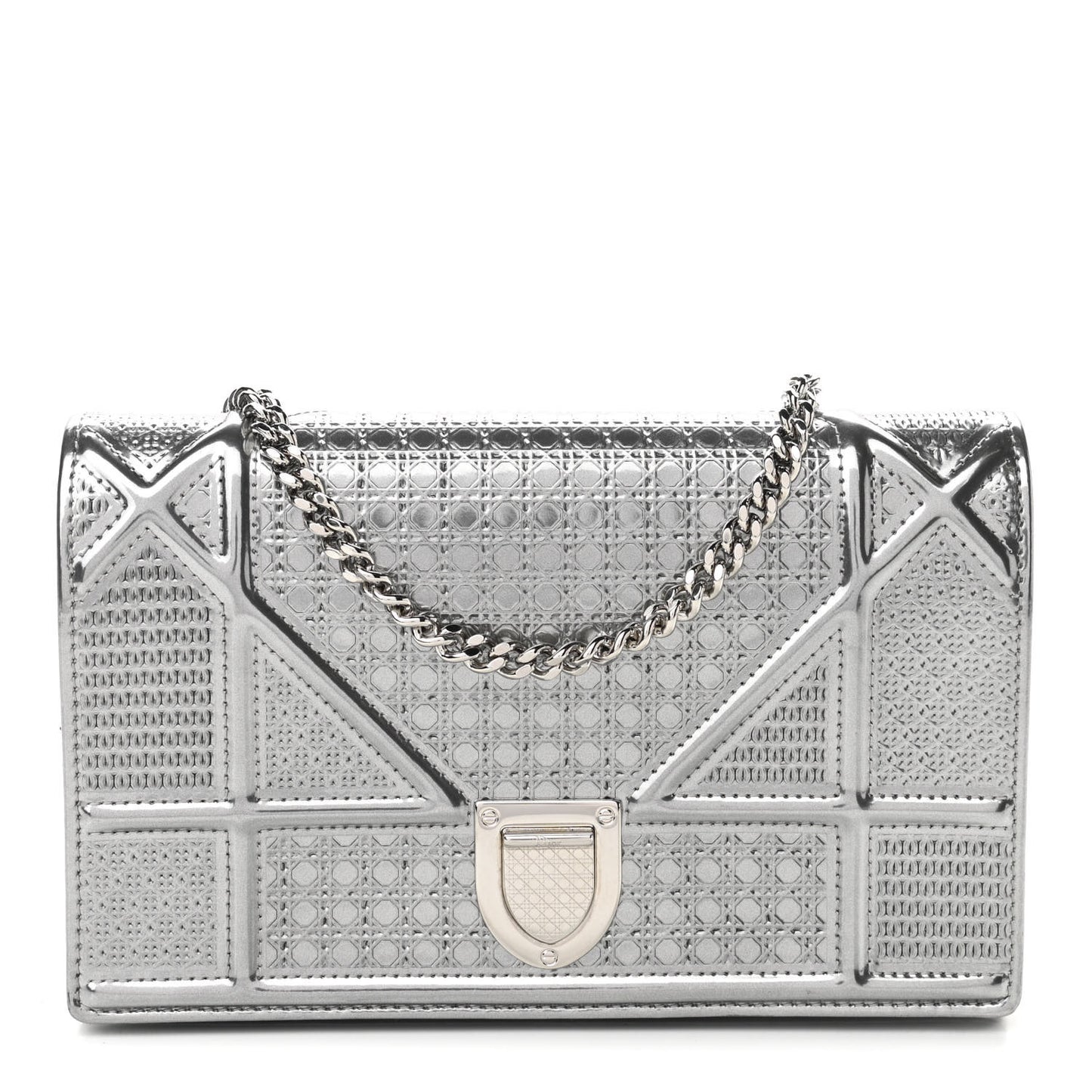 Metallic Patent Micro-Cannage Diorama Wallet on Chain Pouch Silver
