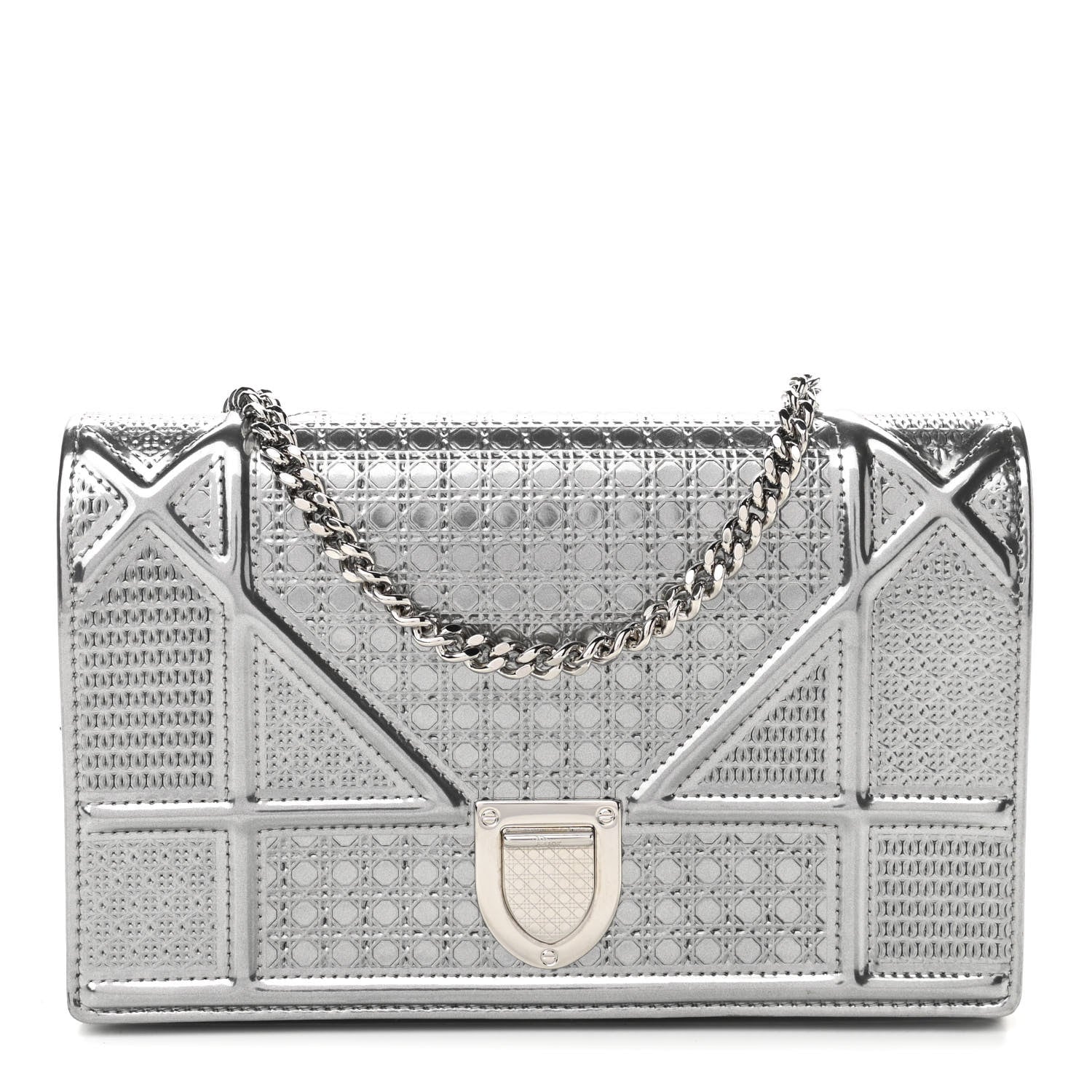 Christian Dior Metallic Patent Micro-Cannage Diorama Wallet on Chain Pouch Silver 1 of 10