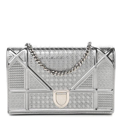 Christian Dior Metallic Patent Micro-Cannage Diorama Wallet on Chain Pouch Silver 1 of 10