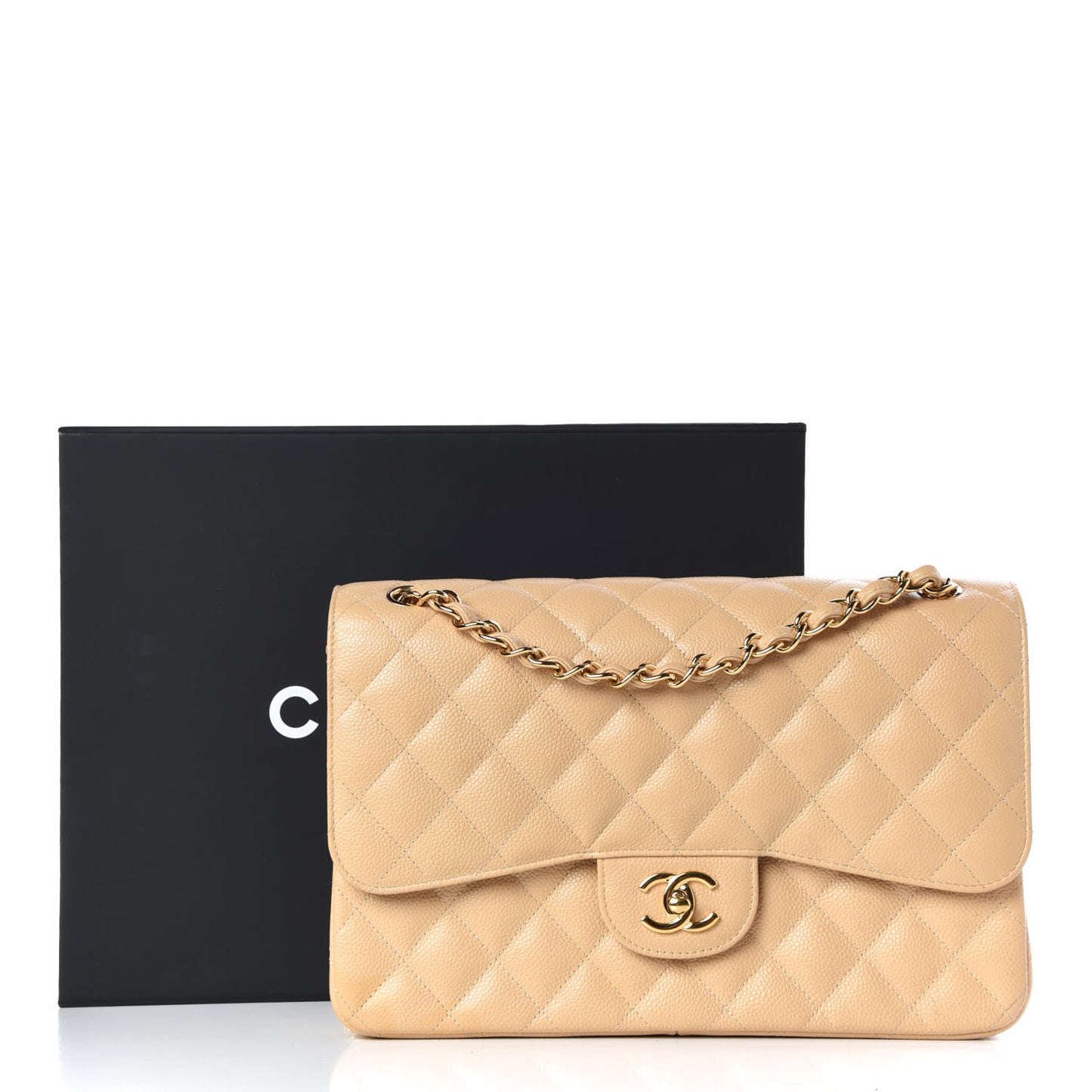 Caviar Quilted Jumbo Double Flap Beige Clair