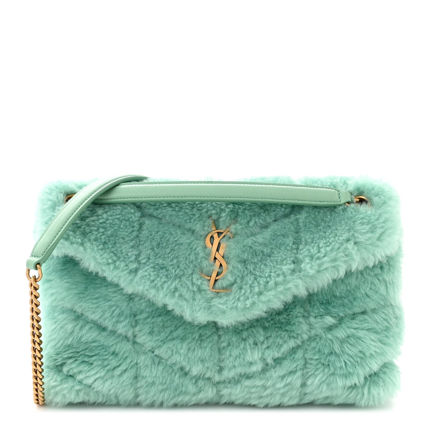 Merino Shearling Lambskin Quilted Small Loulou Puffer Monogram Chain Satchel Iced Mint
