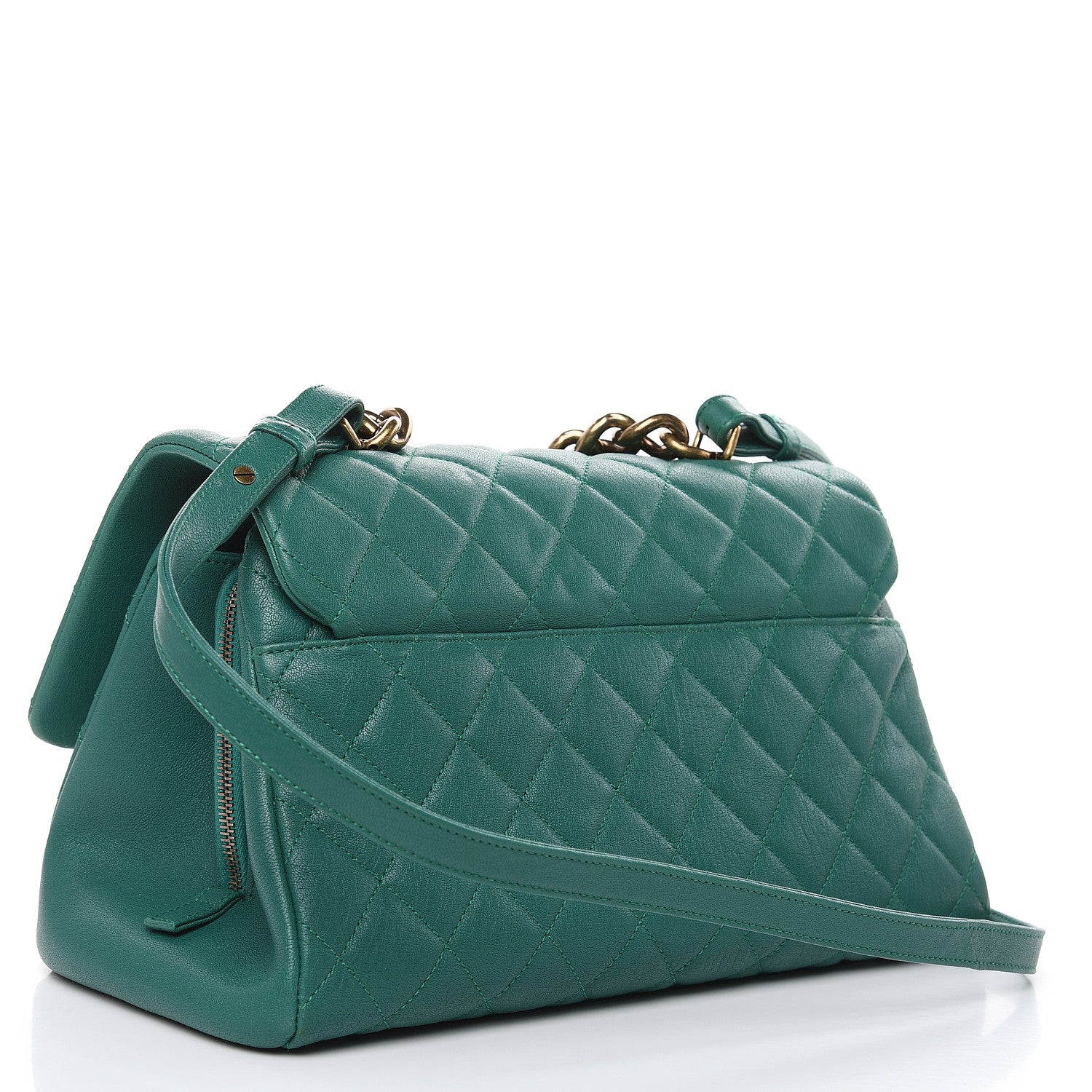 Chanel Shiny Sheepskin Quilted Large Trapezio Flap Green 3 of 13