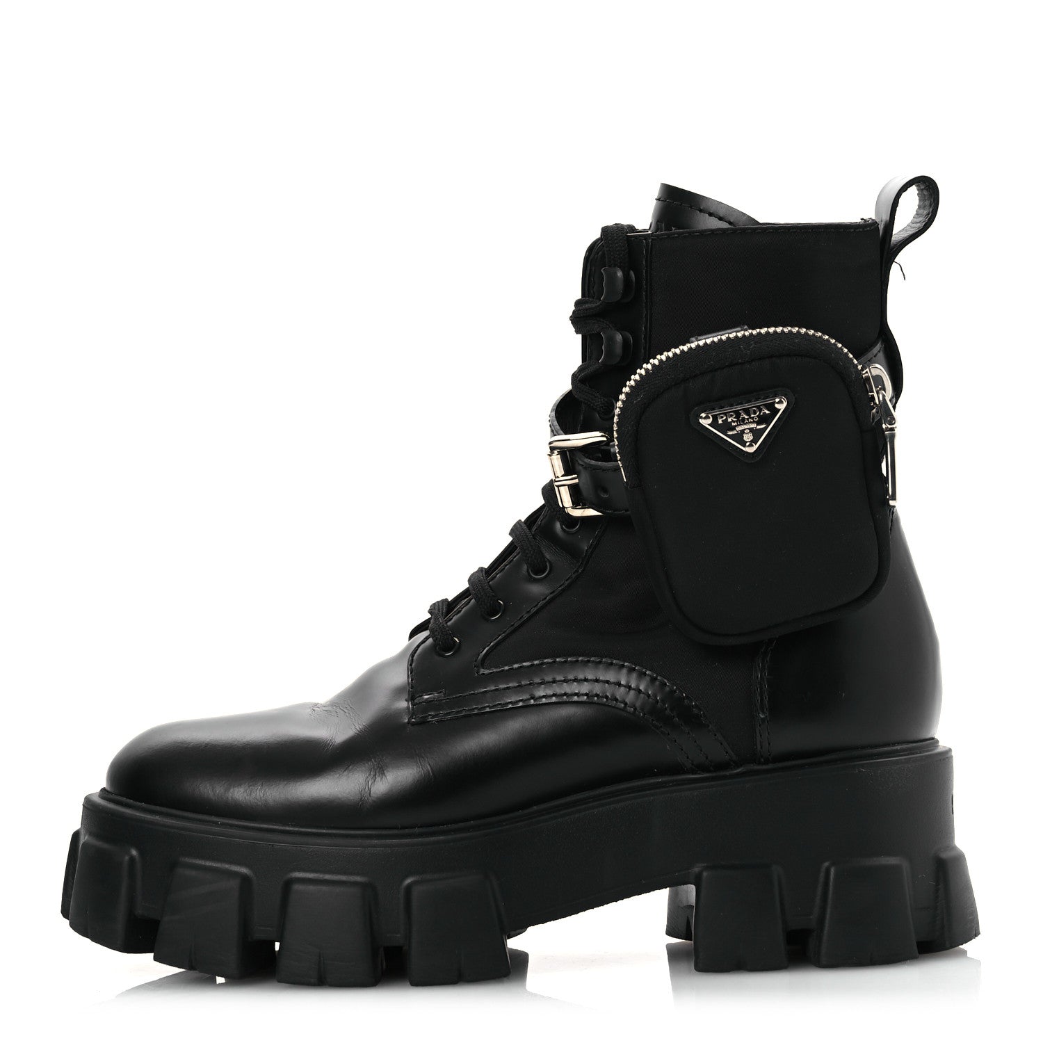 Prada Spazzolato Rois Nylon Metal Triangle Logo Monolith Pouch Pocket 55mm Boots 38 Black 1 of 15