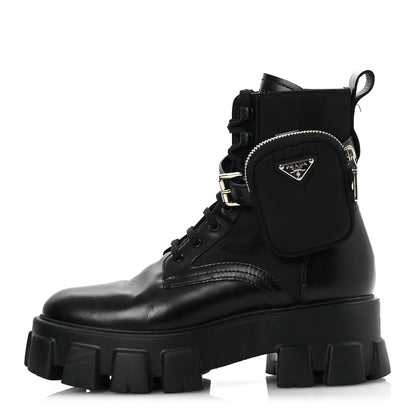 Prada Spazzolato Rois Nylon Metal Triangle Logo Monolith Pouch Pocket 55mm Boots 38 Black 1 of 15