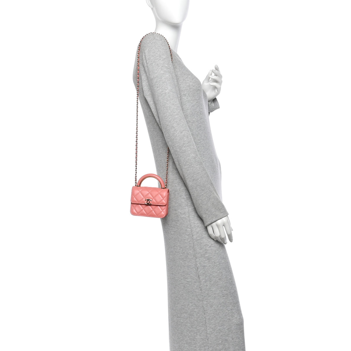 Lambskin Quilted Top Handle Flap Clutch With Chain Pink