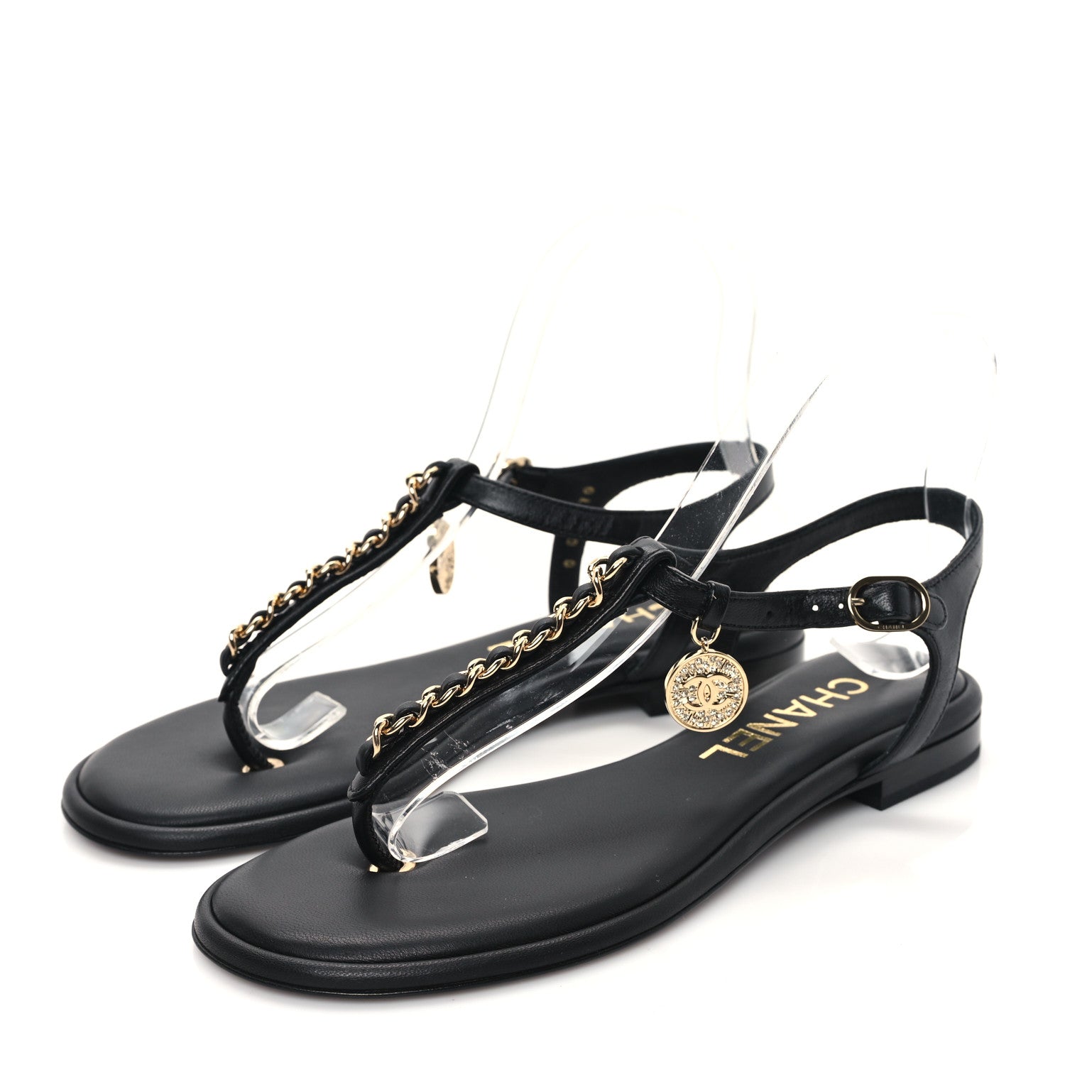 Chanel Lambskin Crystal CC Thong Sandals 37 Black 3 of 9