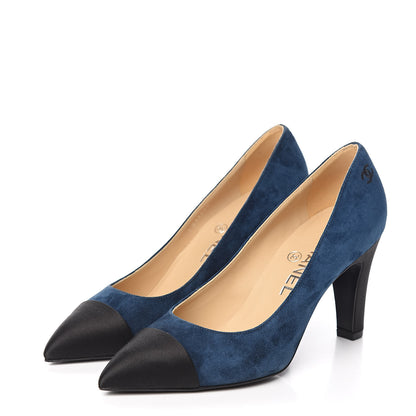 Chanel Suede Satin Cap Toe Gabrielle Pumps 35.5 Navy Black 3 of 11