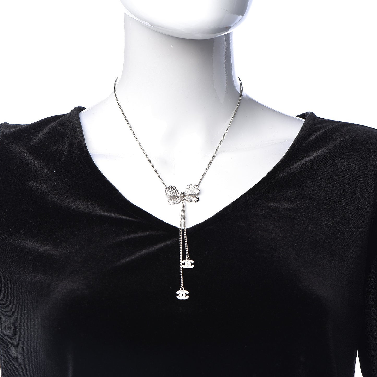 Crystal CC Bow Drop Necklace Silver