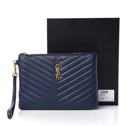 Saint Laurent Calfskin Matelasse Chevron Monogram A5 Wristlet Deep Marine 8 of 8