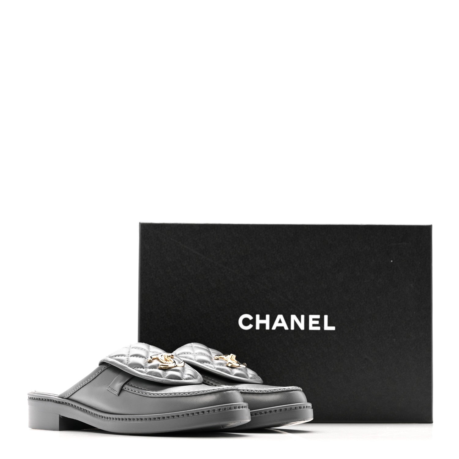 Chanel Lambskin Quilted CC Turnlock Mules 37.5 Grey 13 of 13