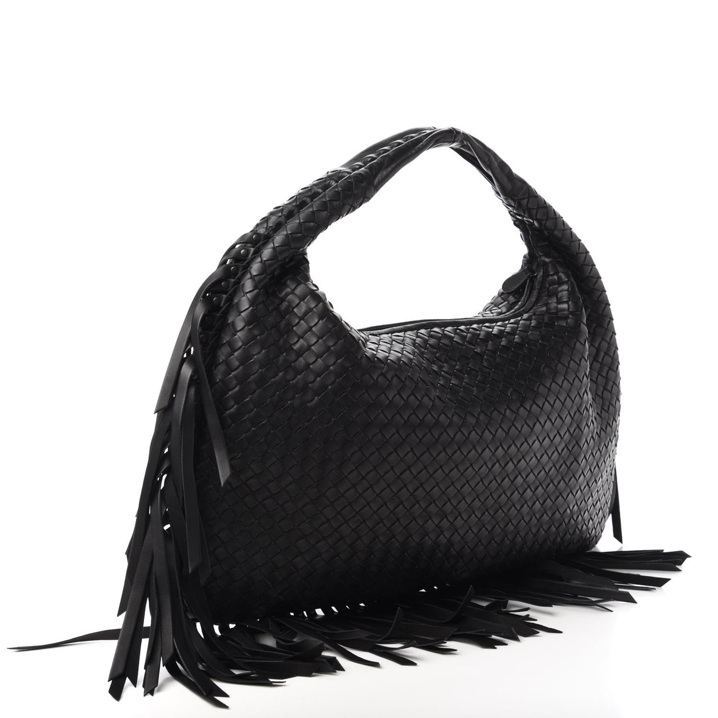 Nappa Intrecciato Veneta Large Fringed Hobo Black