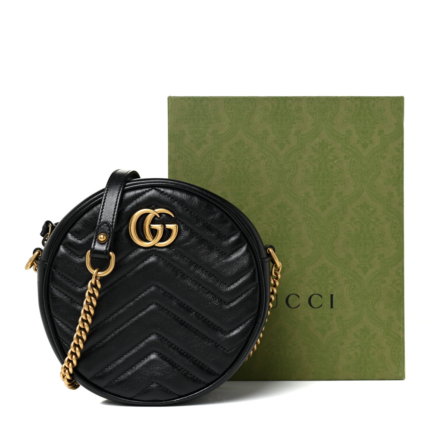 Gucci Azalea Calfskin Matelasse Heart Mini GG Marmont Round Shoulder Bag Black 13 of 13