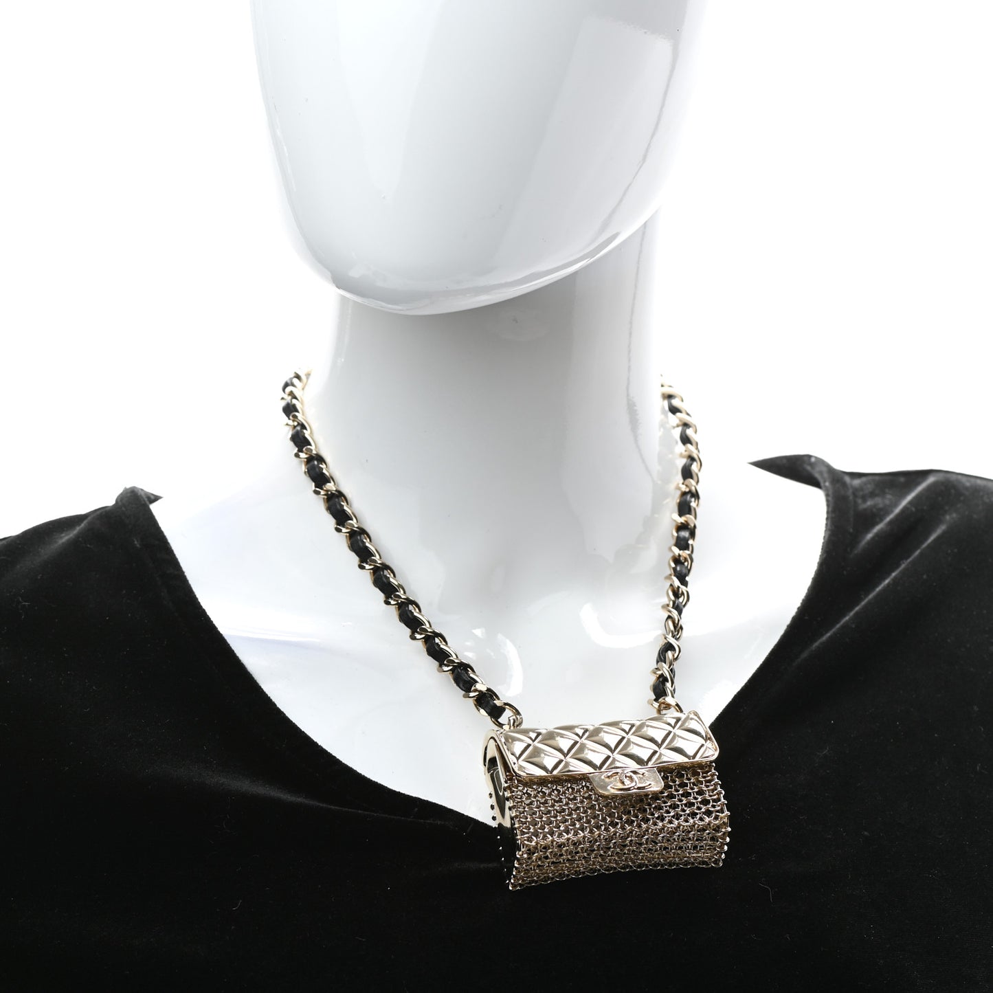 Metal Lambskin Chain Micro Bag Necklace Gold Black