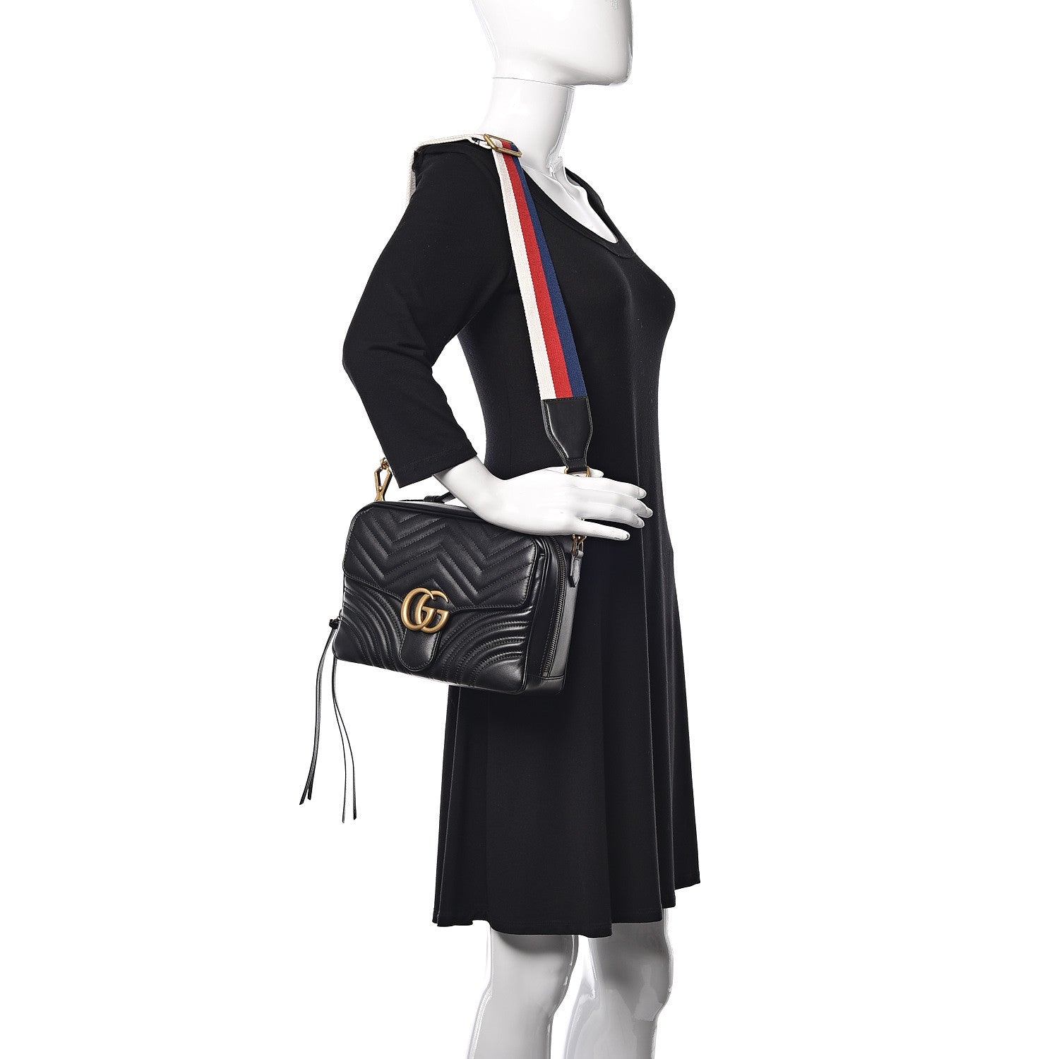 Gucci Calfskin Matelasse Sylvie Web Small GG Marmont Top Handle Shoulder Bag Black 2 of 11