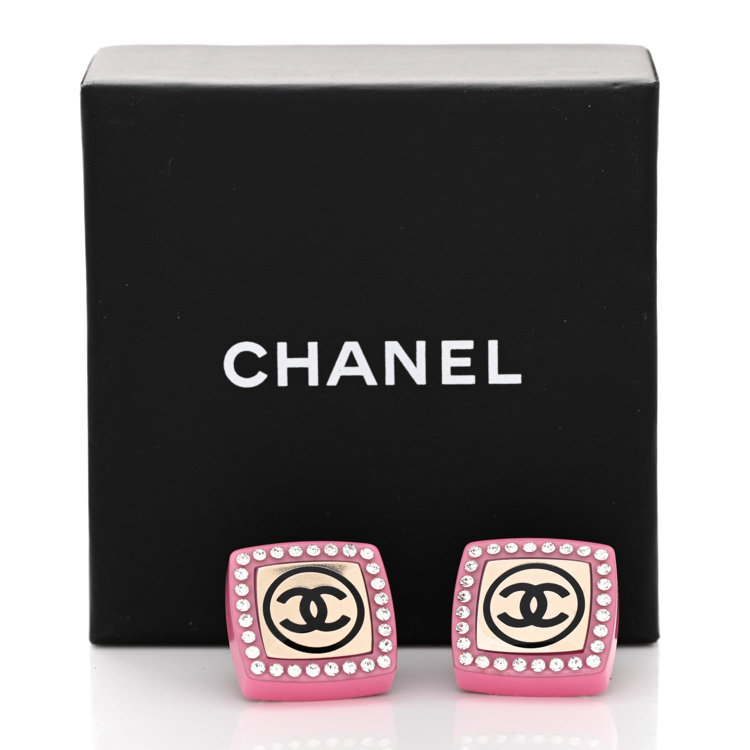 Chanel Metal Resin Crystal CC Square Earrings Gold White Pink 5 of 5