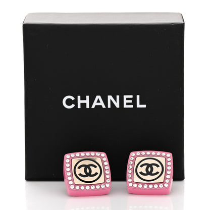 Chanel Metal Resin Crystal CC Square Earrings Gold White Pink 5 of 5