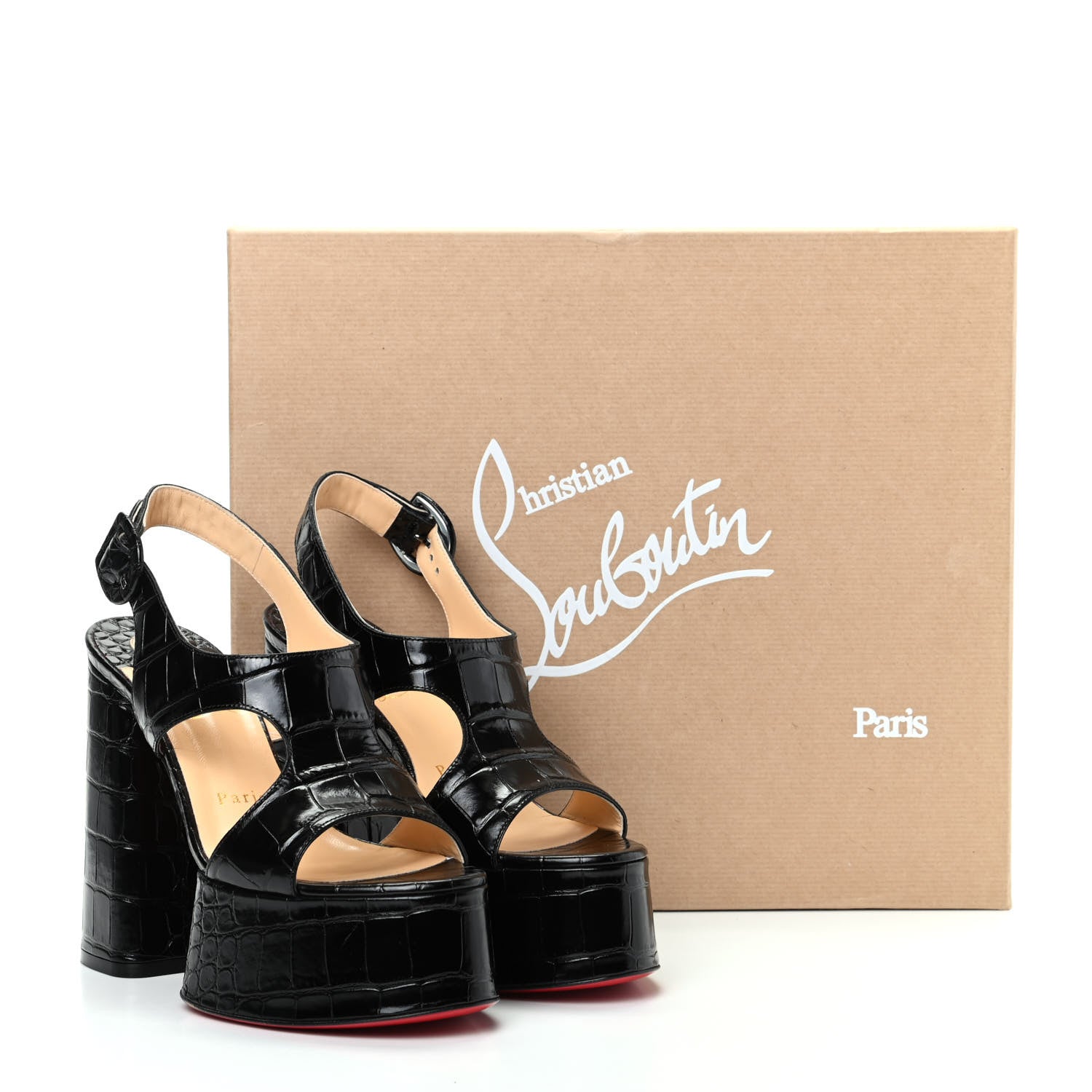 Christian Louboutin Calfskin Crocodile Embossed Foolish Platform Sandals 36.5 Black 10 of 10