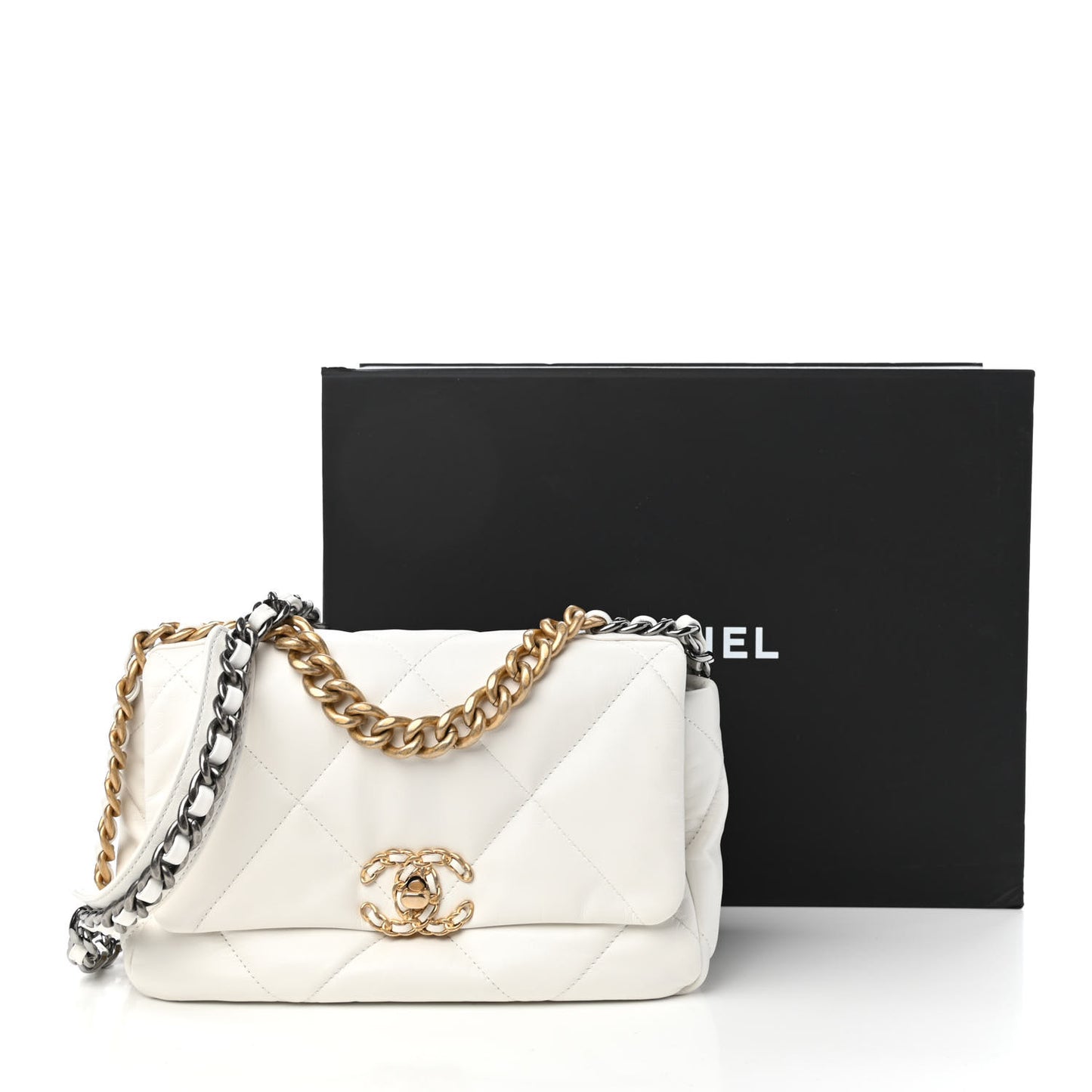 Shiny Goatskin Quilted Medium Chanel 19 Flap White