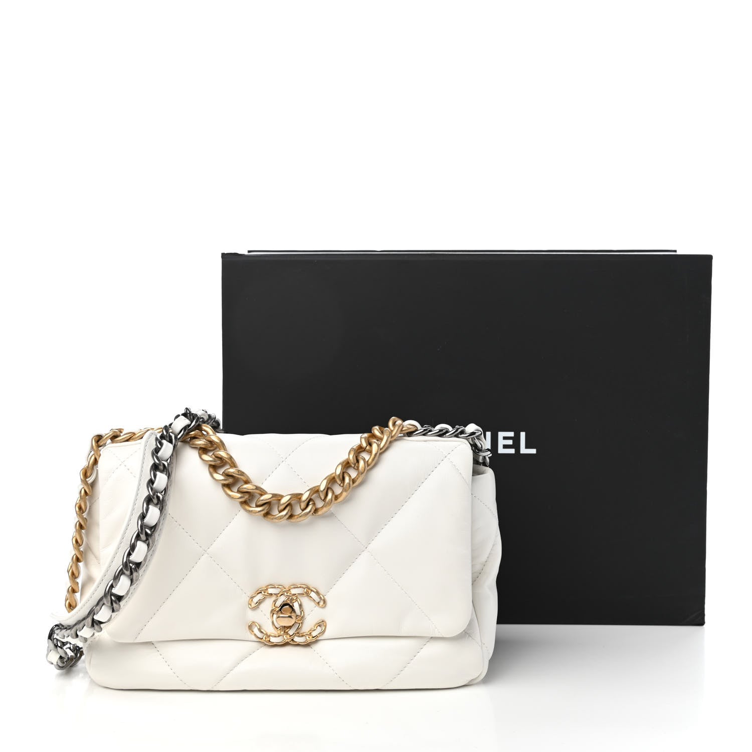 Chanel Shiny Goatskin Quilted Medium Chanel 19 Flap White 11 of 11