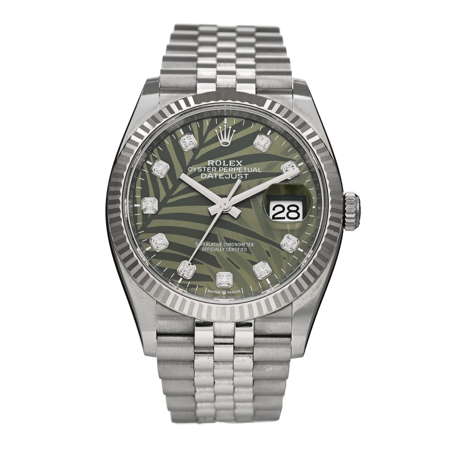Stainless Steel 18K White Gold Diamond 36mm Oyster Perpetual Datejust Watch Green Palm 126234