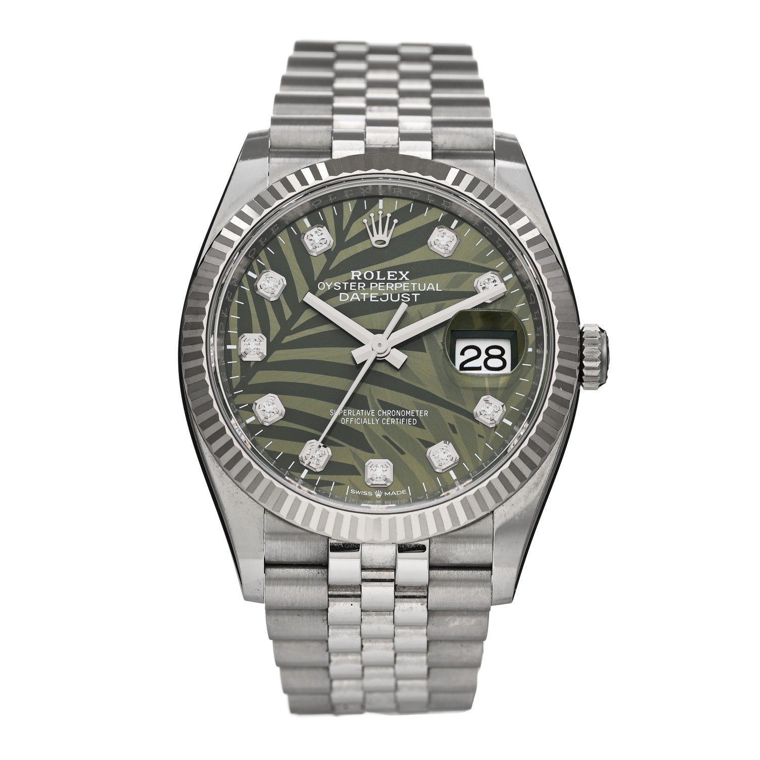 Rolex Stainless Steel 18K White Gold Diamond 36mm Oyster Perpetual Datejust Watch Green Palm 126234 1 of 5