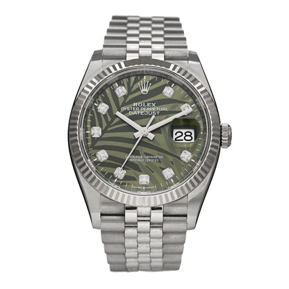 Rolex Stainless Steel 18K White Gold Diamond 36mm Oyster Perpetual Datejust Watch Green Palm 126234 1 of 5