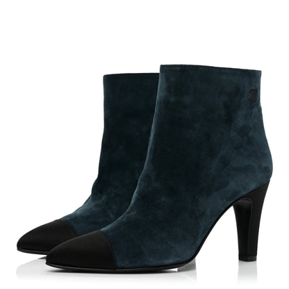 Chanel Suede Calfskin Satin Gabrielle Cap Toe Short Boots 38 Blue Black 3 of 9