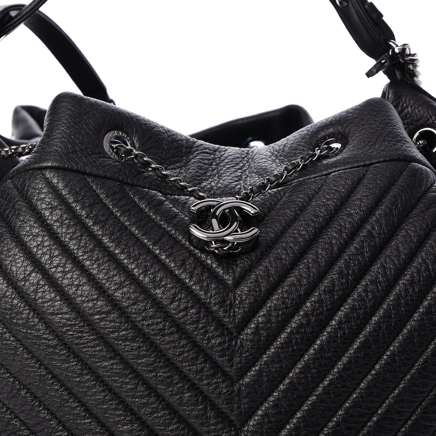 Deerskin Chevron Large CC Chain Bucket Drawstring Bag Black