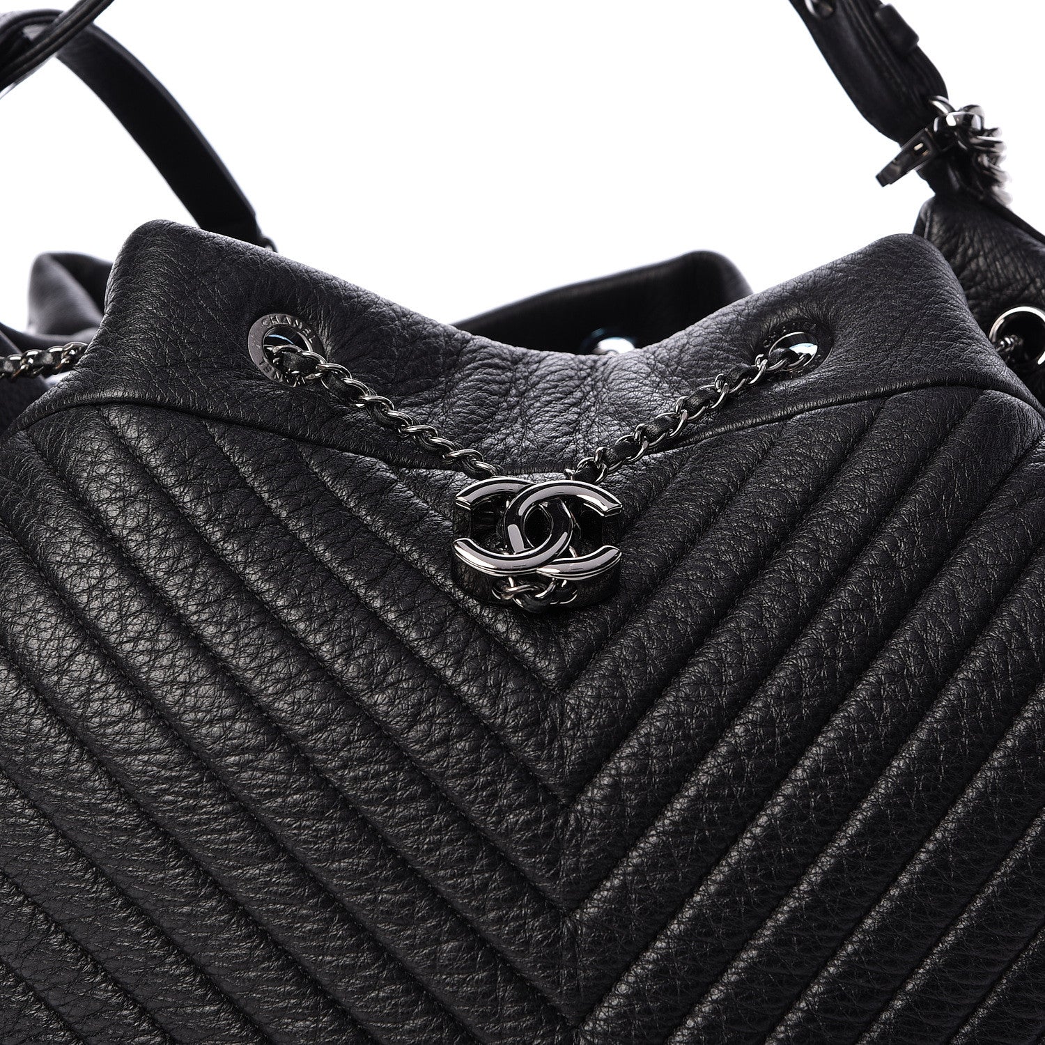 Chanel Deerskin Chevron Large CC Chain Bucket Drawstring Bag Black 8 of 10