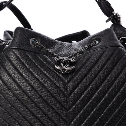 Chanel Deerskin Chevron Large CC Chain Bucket Drawstring Bag Black 8 of 10