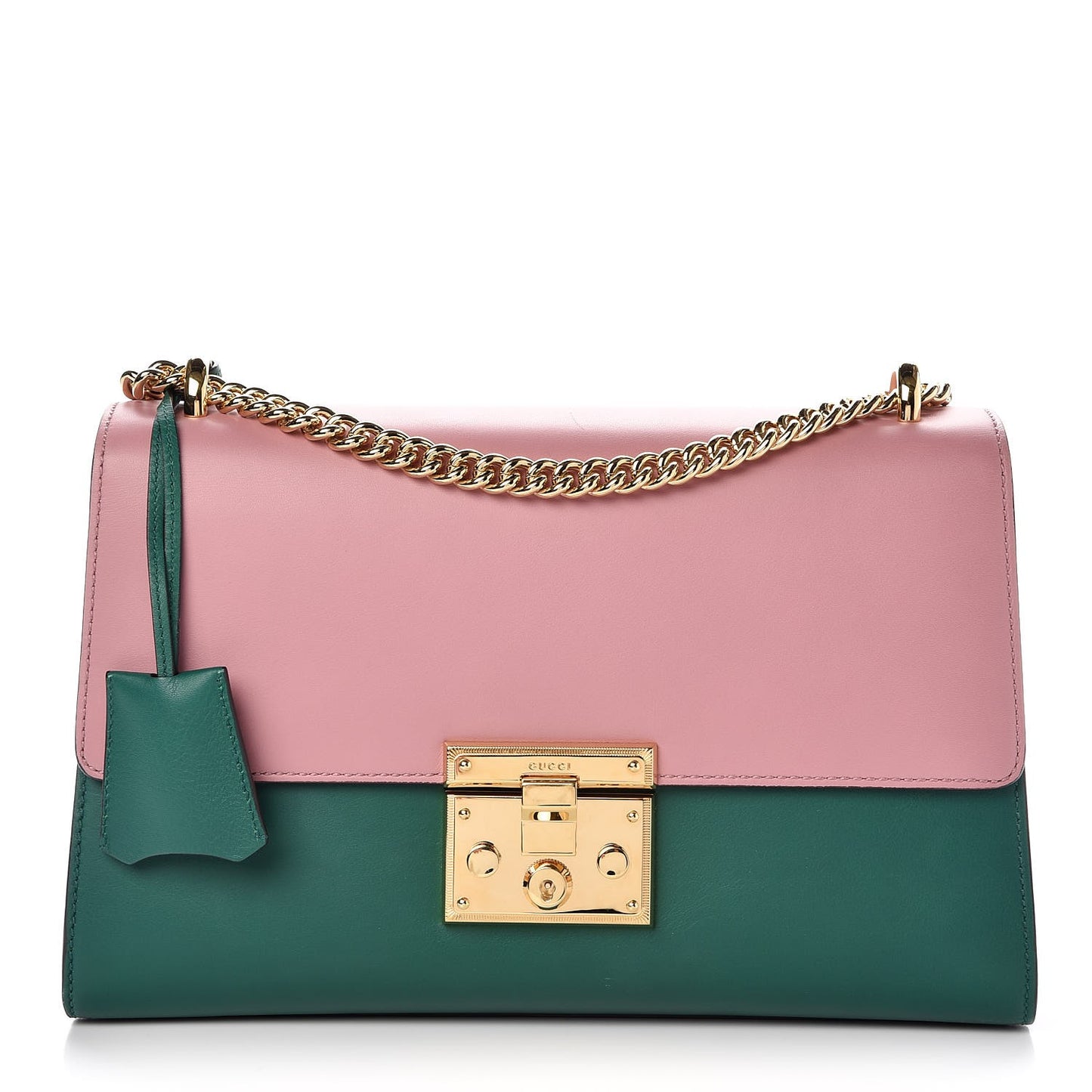 Moon Calfskin Bi-Color Medium Padlock Shoulder Bag Carmine Rose Green