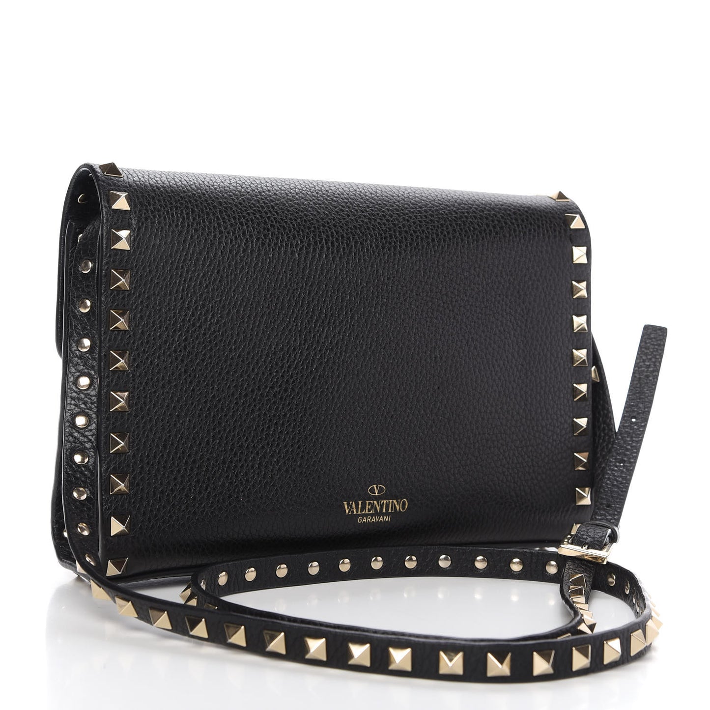Pebbled Calfskin Medium Rockstud Flip Lock Crossbody Bag Black