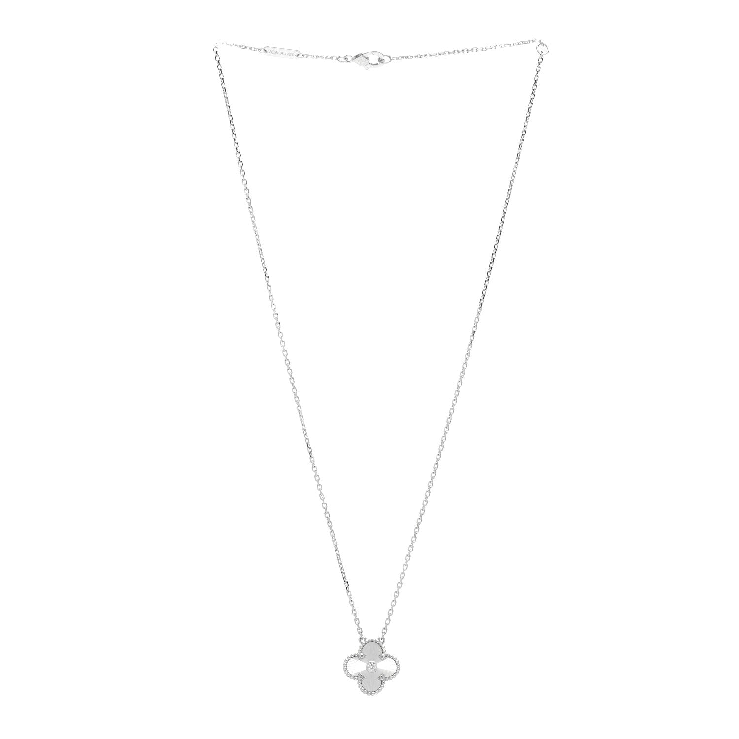 Van Cleef & Arpels 18K White Gold Diamond Guilloche Vintage Alhambra Pendant Necklace 3 of 5