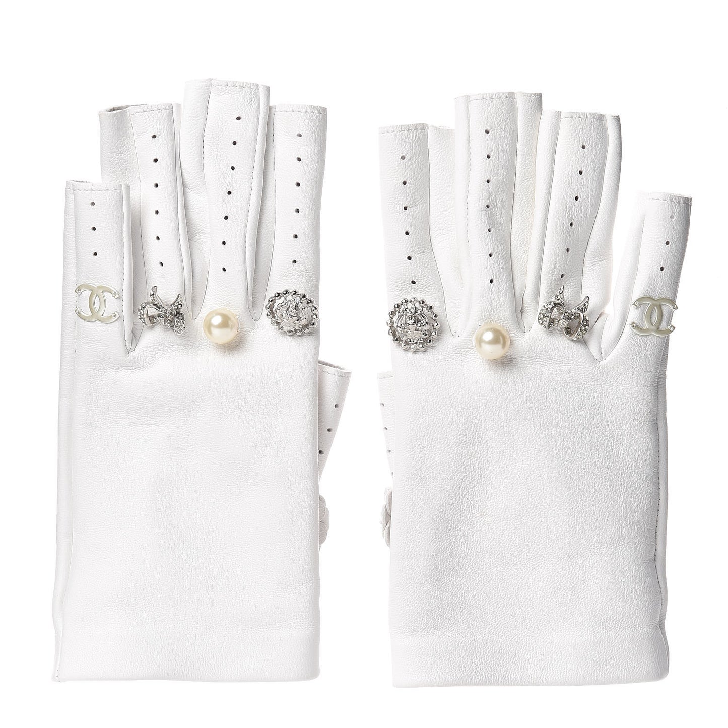 Lambskin Charms Fingerless Gloves 6.5 White