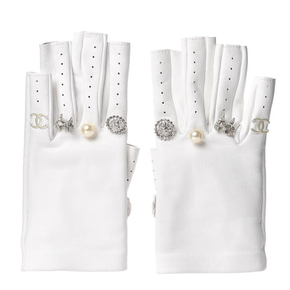 Chanel Lambskin Charms Fingerless Gloves 6.5 White 1 of 3