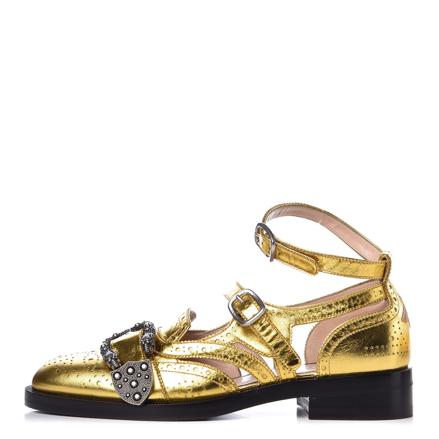 Gucci Metallic Nappa Bee Embroidered Womens Queercore Brogue Wingtip Monk Strap Loafers 38 Gold 1 of 9
