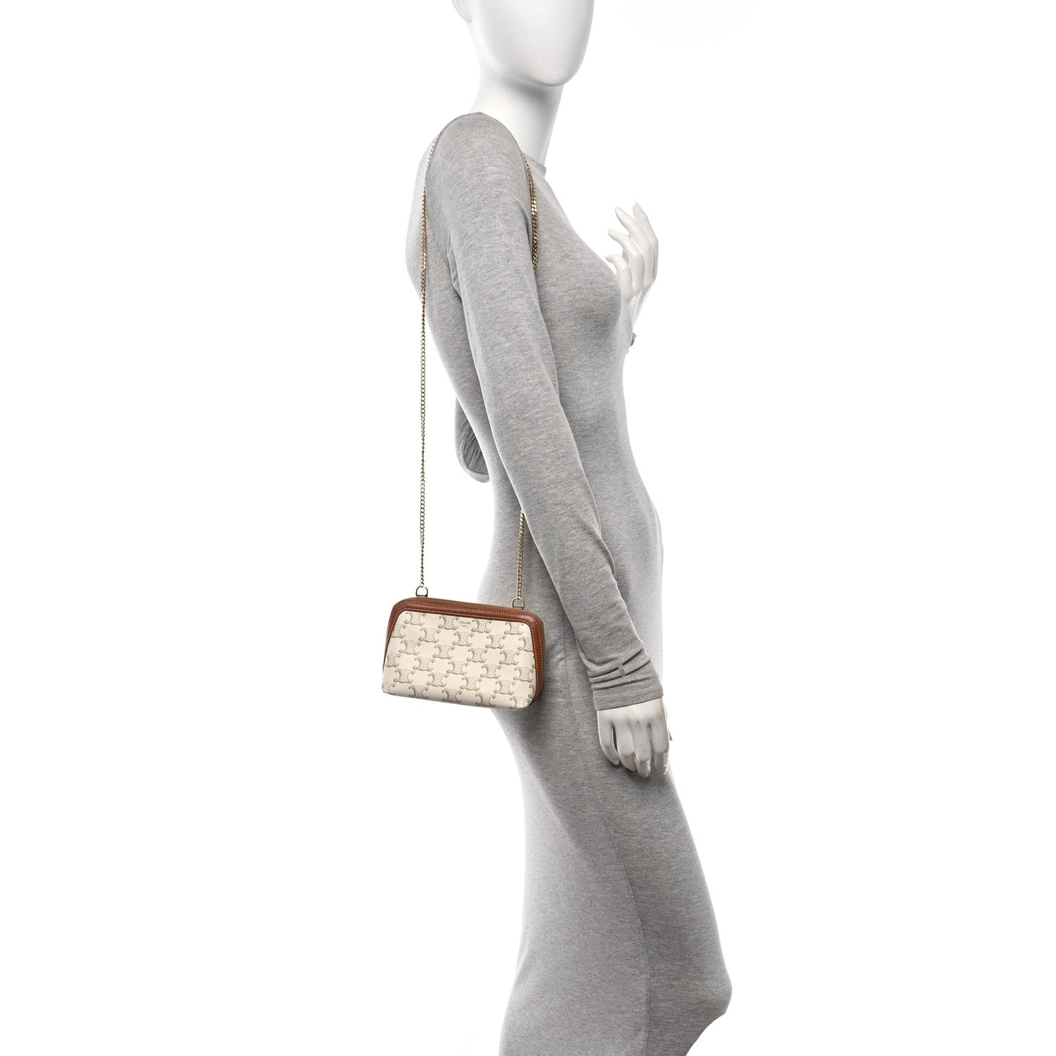 Celine Lambskin Triomphe Canvas Clutch With Chain White Tan 2 of 10
