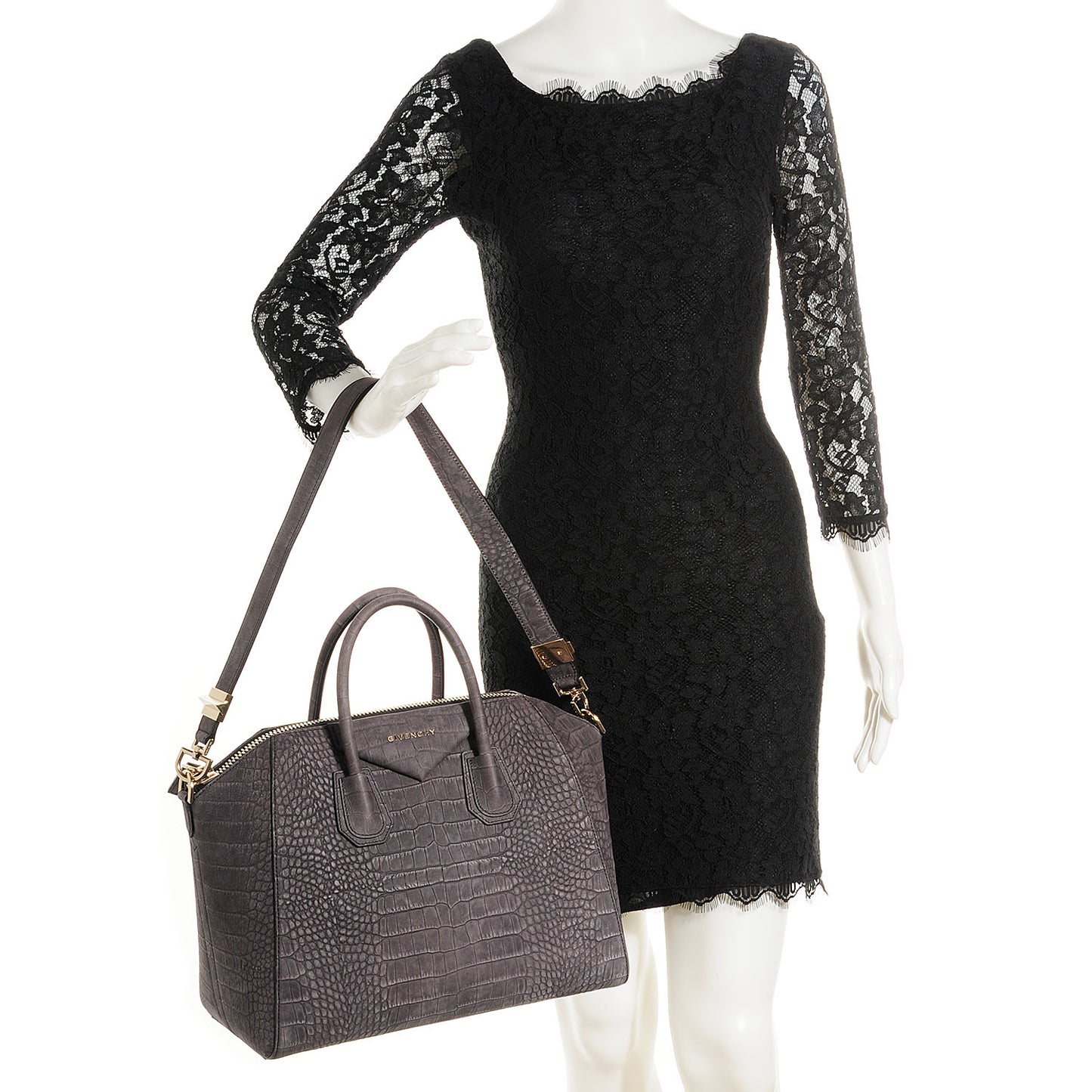 Nubuck Crocodile Embossed Medium Antigona Dark Grey