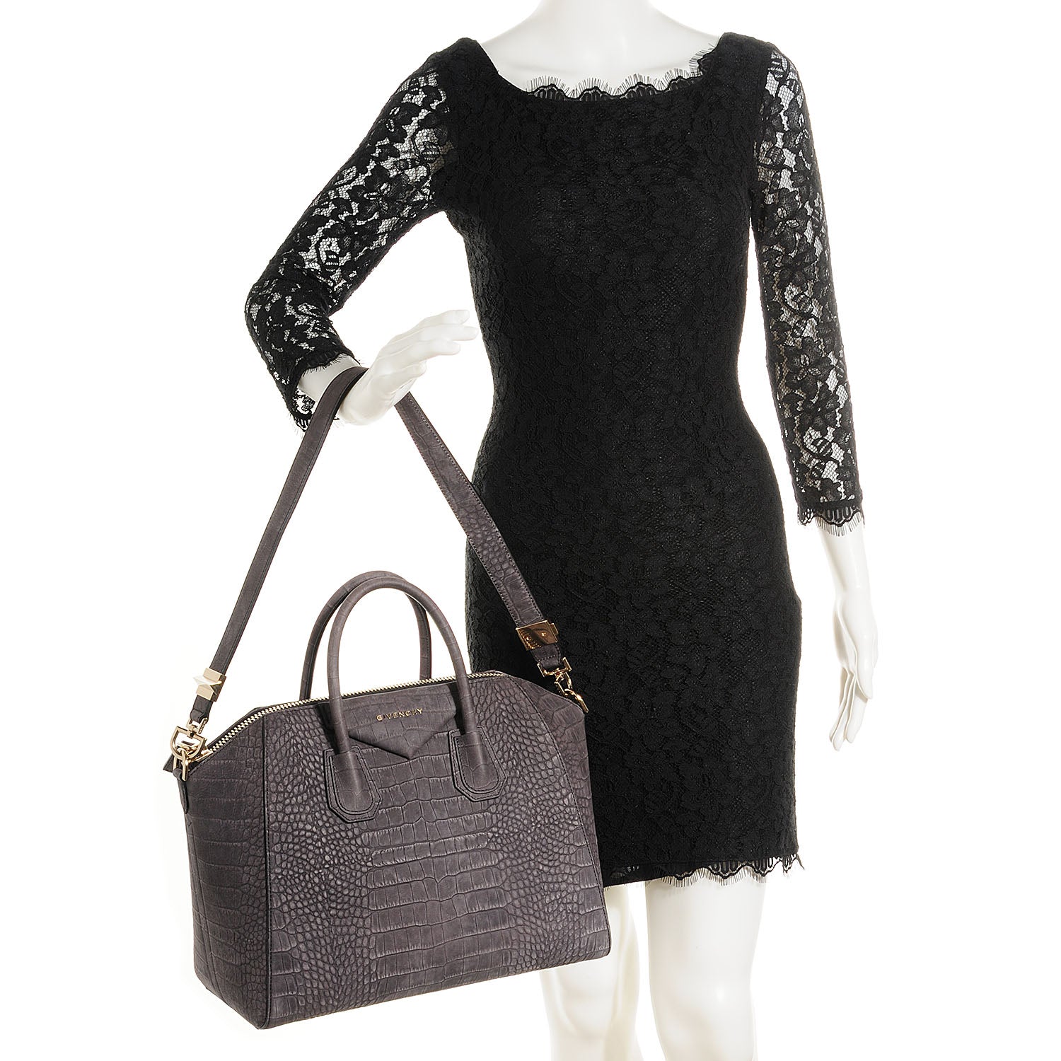 Givenchy Nubuck Crocodile Embossed Medium Antigona Dark Grey 3 of 10