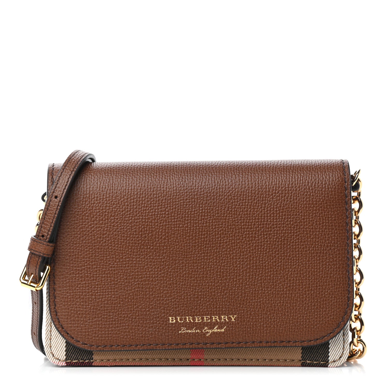 Burberry Derby Calfskin House Check Wallet On Chain Tan 1 of 8