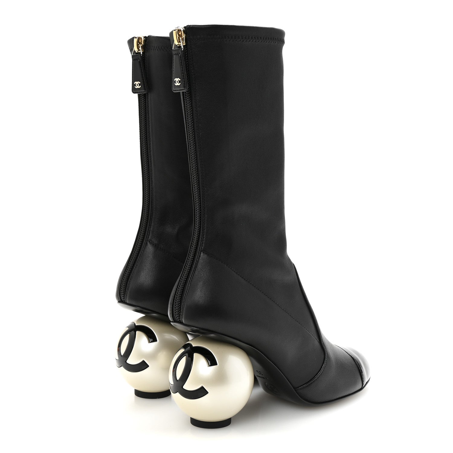 Chanel Stretch Lambskin Patent Cap Toe Pearl Ball Mid Calf Boots 35 Black 5 of 9