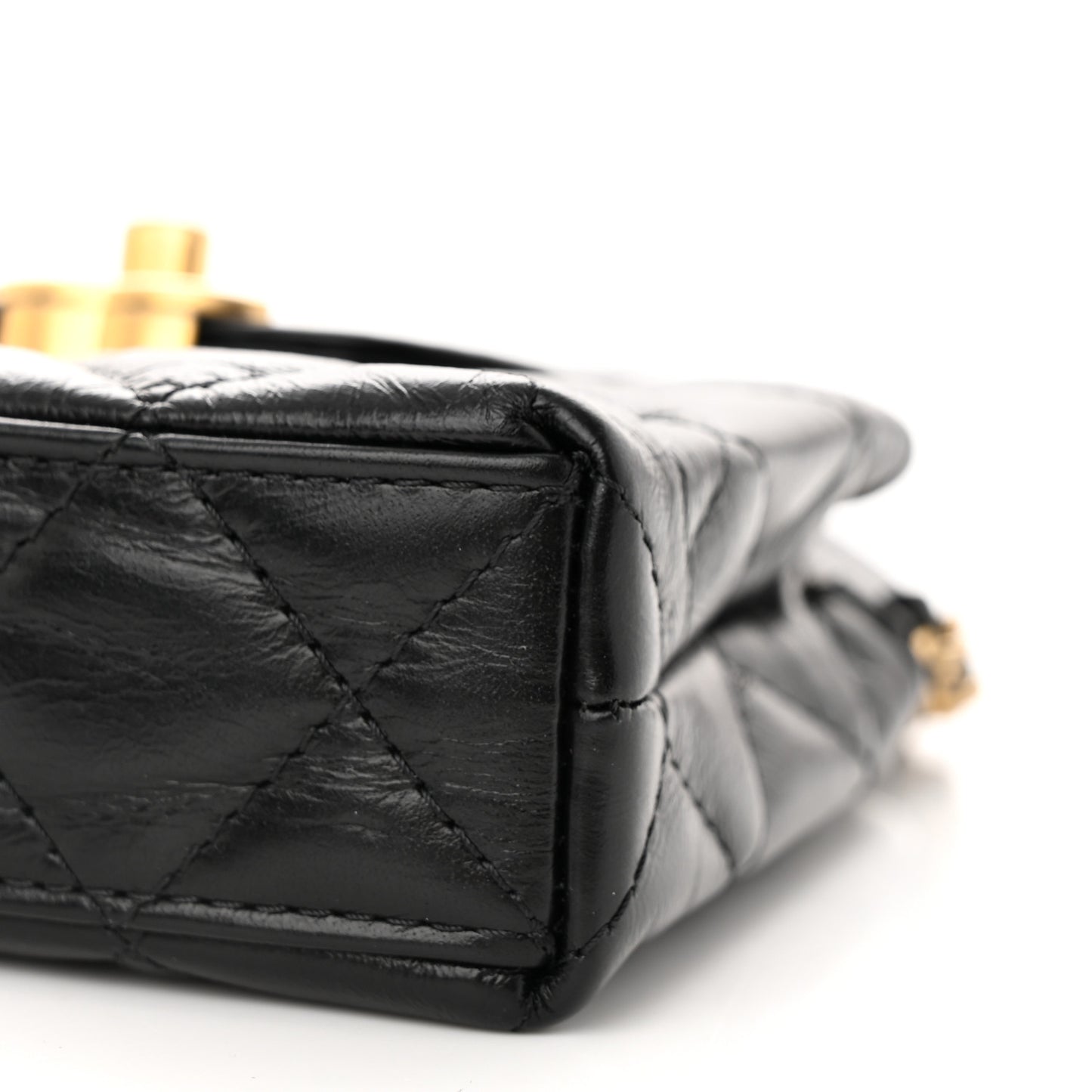 Shiny Aged Calfskin Quilted Mini Nano Kelly Shopper Black